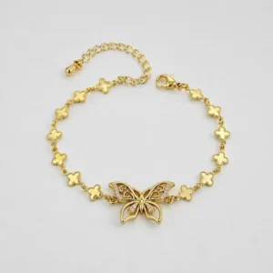 Pulsera Mariposa Filigrana con Microcirconias y Tréboles – Baño en Oro